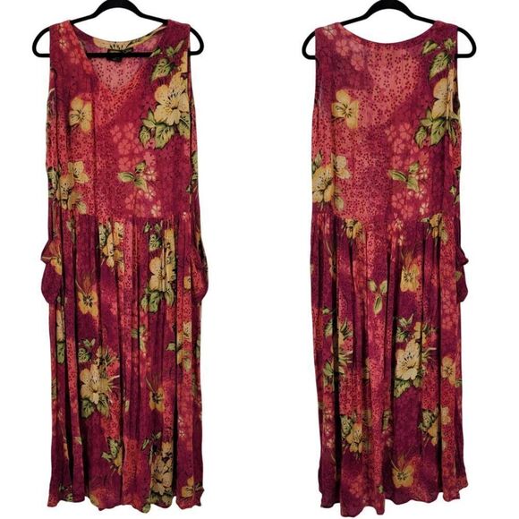 Vtg BILA Womens Pink Floral Crinkle Drop Waist Maxi Dress Sz L Pockets Rayon - Picture 1 of 12